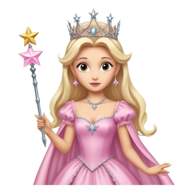 glinda the good witch from wicked movie (ariana grande) blonde hair, beautiful, big silver thin tiara, star wand, pink gown sticker