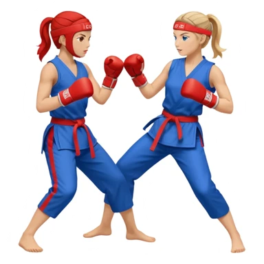 two women sparring, one in blue and one in red sticker