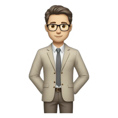 Full height Gesticulating Pale skinned fit man with dark brown hair in gray jacket, beige office shirt, brown tie, brown pants and vintage glasses. sticker