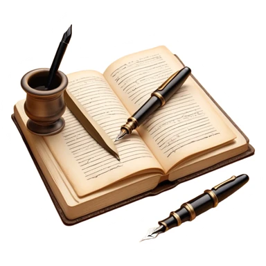 Create a vibrant emoji representing prose writing. The design should feature an open book with pages showing unfinished prose, a classic fountain pen or quill with black or dark blue ink, and a antique ink pot next to it. The pages should have visible lines of text, but some should remain unfinished, symbolizing the creative process. Use warm, earthy tones like brown, gold, and cream for the book and background, with the ink and pen in black or dark blue. The emoji should convey the idea of storytelling, creativity, and the unfinished nature of literary work. Make the background transparent. sticker