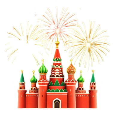 Apple style 3D emoji of New Year fireworks over Moscow. Vibrant multi-colored sparkling bursts (red, gold, green) in the sky. Below, a simplified glossy 3D silhouette of the Kremlin towers with glowing red stars. 
 sticker