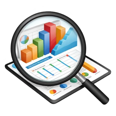 Checking and auditing estimate documents with search icon and infographic chart sticker