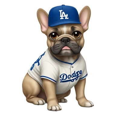 Tan french bulldog wearing a dodger jersey  sticker