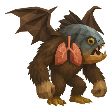 piranha with dragon wings, scaled feet, thick fur, strong arms, anatomical lungs, polygonal style sticker