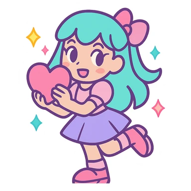 girly girl in pastel colors holding a heart, sparkles, playful pose, vibrant toon style sticker