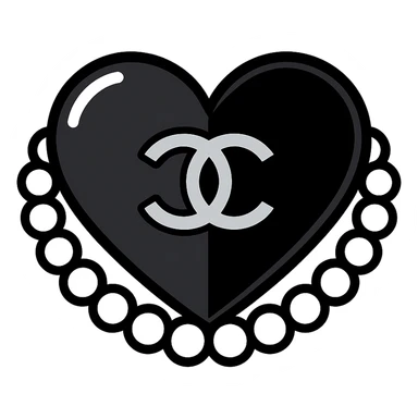 glossy black heart with a string of pearls around it, featuring a silver Chanel logo in the center, elegant, black and white color scheme, color outline icon style sticker