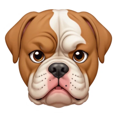 Cinematic Meme-Worthy Grumpy Solid Tan American Bulldog Portrait Emoji, Head held high but eyes filled with dramatic disappointment, smooth tan fur with a furrowed brow forming an unmistakable scowl, floppy ears slightly angled back in disapproval, piercing brown eyes glaring with pure exasperation, Simplified yet hilariously over-exaggerated features, highly detailed, glowing with an aura of supreme annoyance, high shine, exhausted yet judgmental, stylized with an almost regal pettiness, bright but brooding, soft glowing outline, capturing the essence of a pup that has seen it all and is thoroughly unimpressed, so meme-worthy it feels like it could instantly become the next viral sensation of grumpiness! sticker