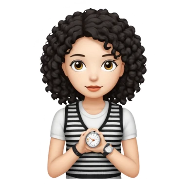 Chica joven con cabello rizado y oscuro, piel clara, vestida con un chaleco tejido blanco con rayas negras y una camiseta blanca debajo. Lleva un reloj plateado  sticker