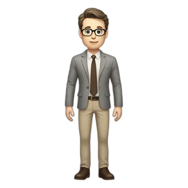 Full height Actively Gesturing Pale skinned fit man with dark brown hair in gray jacket, beige office shirt, brown tie, brown pants and vintage glasses. sticker