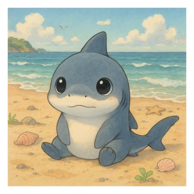 baby shark sitting on the sand, cute big eyes sticker