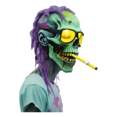 .Zombie_ Vaporwave black holographic oilslick zombie unicorn smoking beakerbong yellow caution tape sticker