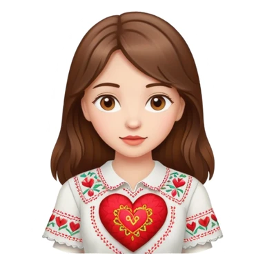 Beautiful young girl with brown hair in a white Ukrainian embroidered shirt holding a large embroidered heart sticker