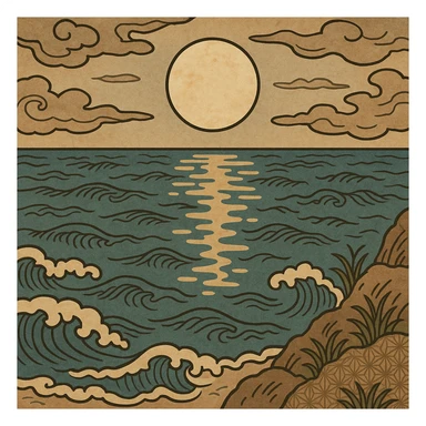 moon reflecting on the sea, style 6, ukiyo-e inspired cartoon illustration of moonlight on sea sticker