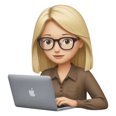 Girl in glasses, blonde long hair, brown blouse, typing on gray MacBook sticker