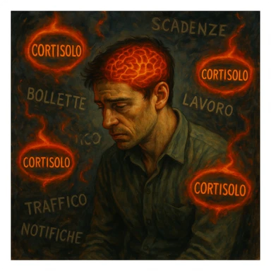 semi-realistic, symbolic surrealism; man in his thirties with tired eyes, tense muscles, curved posture, floating symbols 'Cortisolo' in Italian with orange-red aura; chaotic background with Italian words: 'bollette', 'scadenze', 'lavoro', 'traffico', 'notifiche'; visible brain with red-orange neural activity, moody lighting, stressed expression sticker