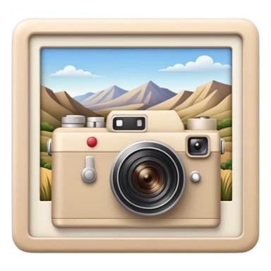 A beige camera and next to it a landscape photograph of the frame behind the camera sticker