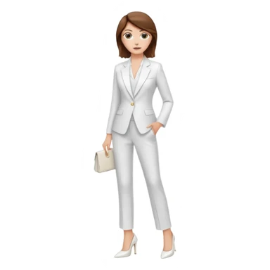 Chica blanca, traje pantalón blanco, zapatos blancos tacon pelo recogido con mechones sueltos castaño ycuerpo entero sticker