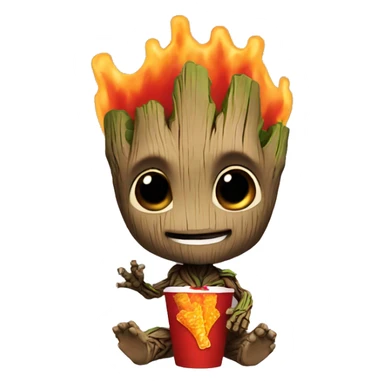 Baby groot eating, flaming hot Cheetos sticker