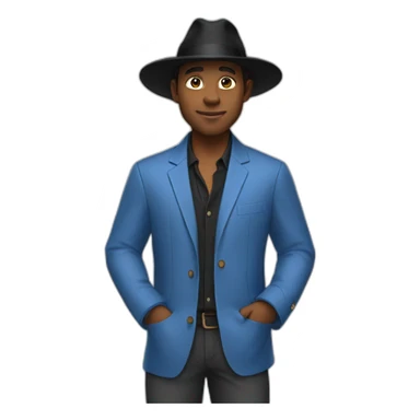 Man in blue button down shirt, blazer, black fedora sticker