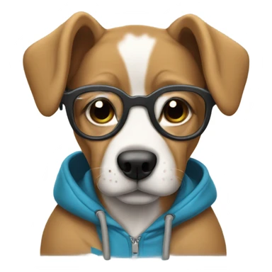 A pup wearing glasses and a hoodie sticker