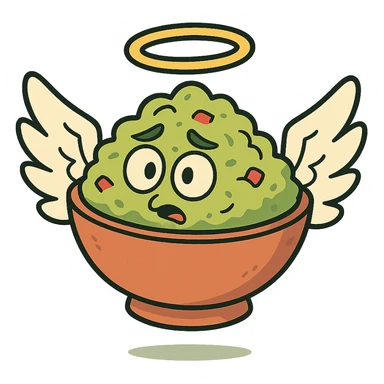 guacamole bowl with angel wings and a halo sticker