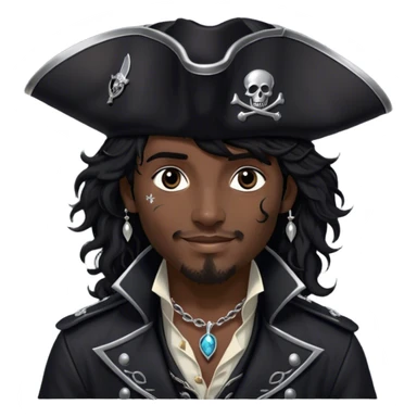 A charismatic pirate with wavy black hair tousled. His black tricorn hat, embroidered with silver. Dark eyes glint with mischief as he gazes to the side, a knowing smile on his lips. His fitted black coat, adorned with silver buttons. A silver chain dangles from his belt sticker