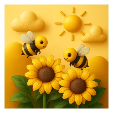3D iOS style emoji of sunflowers with bees, a sun, and clouds in the background, mimicking the colors and composition of the reference image, add more details sticker