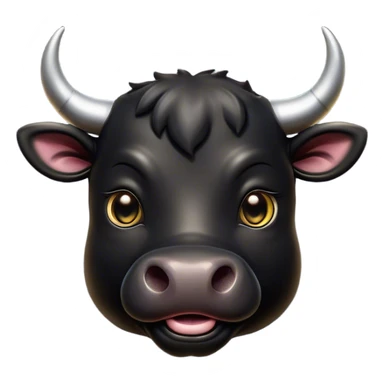 Cinematic Cute Black Bull Portrait Emoji, Head tilted playfully and inquisitively, featuring a glossy, robust black hide with a striking sheen, round, sparkling dark eyes filled with gentle curiosity, Simplified yet irresistibly adorable features, highly detailed, glowing with a warm, friendly glow, high shine, affectionate and imposing, stylized with a touch of rugged charm, bright and endearing, soft glowing outline, capturing the essence of a mischievous yet loving bull, so playful it feels like it could stomp out of the screen and into your arms! sticker
