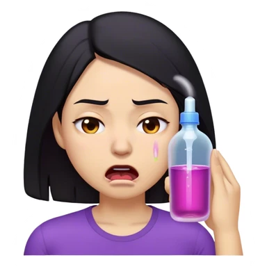 A digitally illustrated emoji-style character of a woman with shoulder-length black hair, wearing a purple shirt. Her expression shows extreme exhaustion or dehydration—her eyes are bloodshot and dry, her tongue is sticking out, and she has a single sweat drop on her cheek. The image has a clean white background sticker