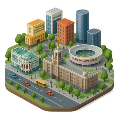 Изометричная миниатюрная фотореалистичная 3D модель Екатеринбурга - Дом Севастьянова, Ельцин-центр, Уральский федеральный университет, дома, Екатеринбург Арена, Штаб-квартира Русской медной компании, Здание Свердловского городского совета народных депутатов, четкие линии, яркие цвета, мультяшный реализм, люди, автотранспорт, компактная композиция, вид сверху в изометрии, прозрачный фон sticker