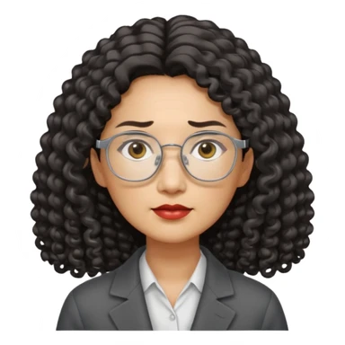 serious middle-aged Asian woman, long curly hair, small rectangular metal glasses, manager sticker