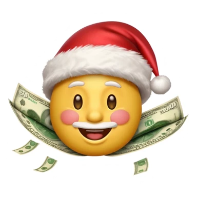 A rich happy emoji face in Santa hat, covered in money, cash stacks and flying dollar bills, Christmas mood, New Year festive style, glossy 3D emoji, vibrant colors, high detail, no text, isolated, transparent background sticker