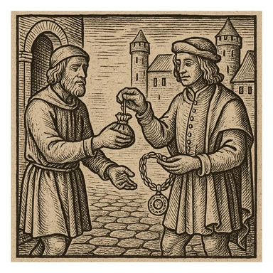 Сгенерируй мне гравюру, как в средневековье один мужчина дает другому мешочек, а другой украшение другому, они торгуют sticker