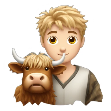 White brunette boy with fluffy highland cow sticker
