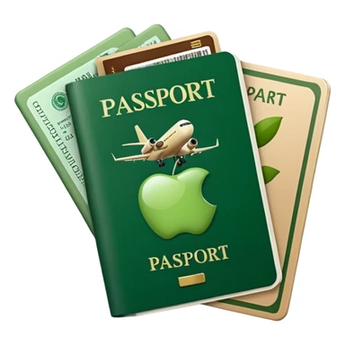 passport and airline tickets, Apple emoji style, colors #173e12 and #c1a793, no text sticker