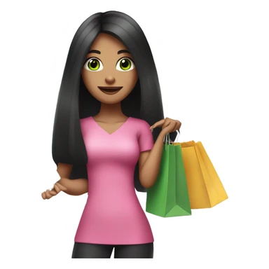 girl with very long black hair and green eyes and pink outfit holding credit card and shopping bags sticker