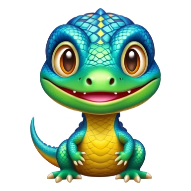 Cinematic Cute Monitor Lizard Portrait Emoji, Head tilted playfully and inquisitively, with a sleek, patterned body accented by vibrant hues and round, sparkling eyes full of wonder, Simplified yet irresistibly adorable features, highly detailed, glowing with a warm, friendly glow, high shine, affectionate and lively, stylized with a touch of exotic charm, bright and endearing, soft glowing outline, capturing the essence of a mischievous yet captivating lizard that seems as if it could scuttle out of the screen into your arms! sticker