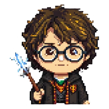 Harry Potter with glasses, lightning scar, and wand sticker