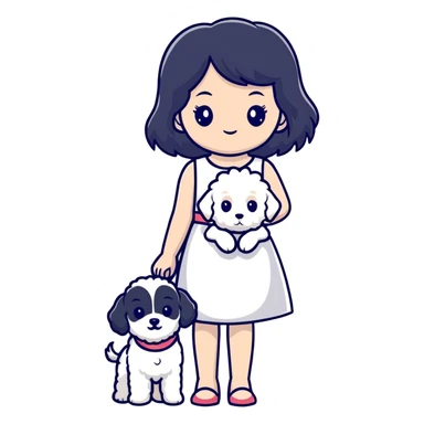 A beautiful girl with long black hair wearing a white dress holds a small white Bichon Frise in her arms sticker