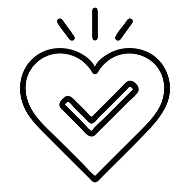 simple icon of a heart with a checkmark and rays, outlined icon style sticker
