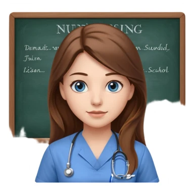 university classroom that says nursing school on the blackboard with a pretty female nursing student with long brown hair, blue eyes sticker