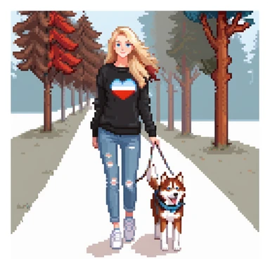 Cute Blonde woman wearing a black sweater and jeans and white sneakers walking a happy red-brown blue-eyed Siberian husky in New York City on an upper east side city sidewalk  sticker