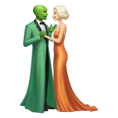 alien reptilian green skin woman,long slim pastel orange formal party satin dress with gradient shiny sparkling dark red, and caucasian man in black dres on his knees asks her to marry her sticker