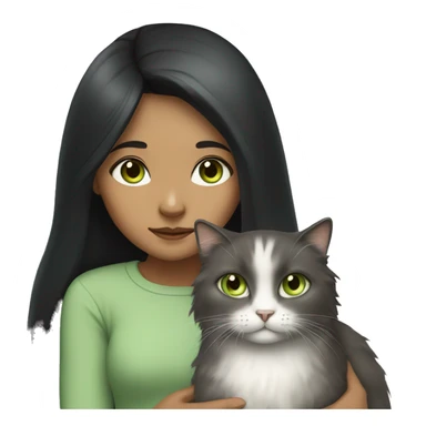 girl with long black hair and light brown eyes holding fluffy grey cat with light green eyes sticker