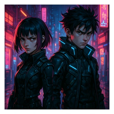 Maretu and Xydrick in a cyberpunk setting, neon lights, futuristic outfits, intense expressions sticker
