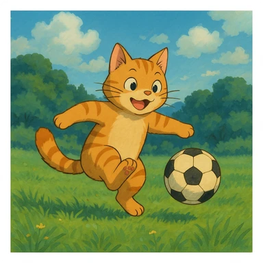 cat playing soccer, ghibli inspired style sticker