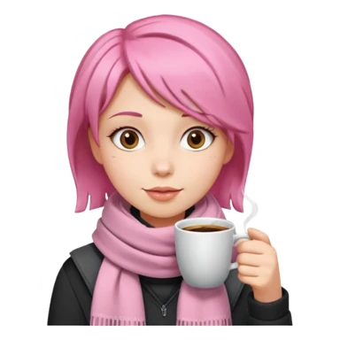 a girl with pink short layer hair, having scarf,  drink coffee, enjoy sticker