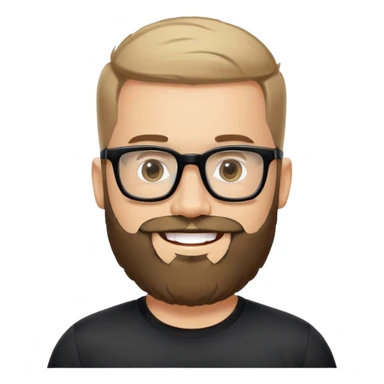 Light-skinned man with full beard, short hair brushed upward, big black glasses frames, happy smile, black sports shirt sticker