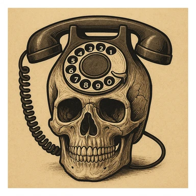a skull with a classic rotary telephone as part of its design sticker