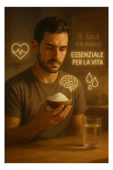 A realistic, cinematic illustration of a man in his early 30s holding a small bowl of unrefined sea salt in his hand, looking at it with awareness and respect. Around him, glowing minimalistic symbols of a beating heart, a brain, and hydrated cells appear, indicating the essential role of sodium in hydration, nerve conduction, and overall cellular health. In the background, faint text or floating words show the false myths: ‘Il sale fa male’, crossed out gently, while the phrase ‘Essenziale per la vita’ glows softly. The setting is a warm, softly lit kitchen with a glass of water nearby, emphasizing balance. The color palette is warm, natural, and calming, emphasizing that salt, when used consciously, is vital for human health, against common misconceptions demonizing it. sticker
